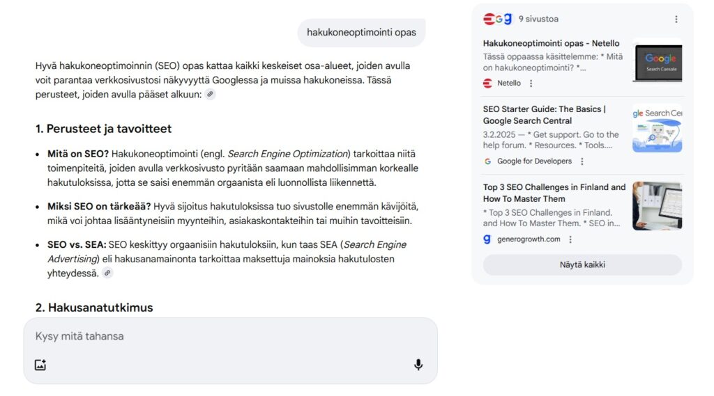 Google AI Mode - Hakukoneoptimointi opas