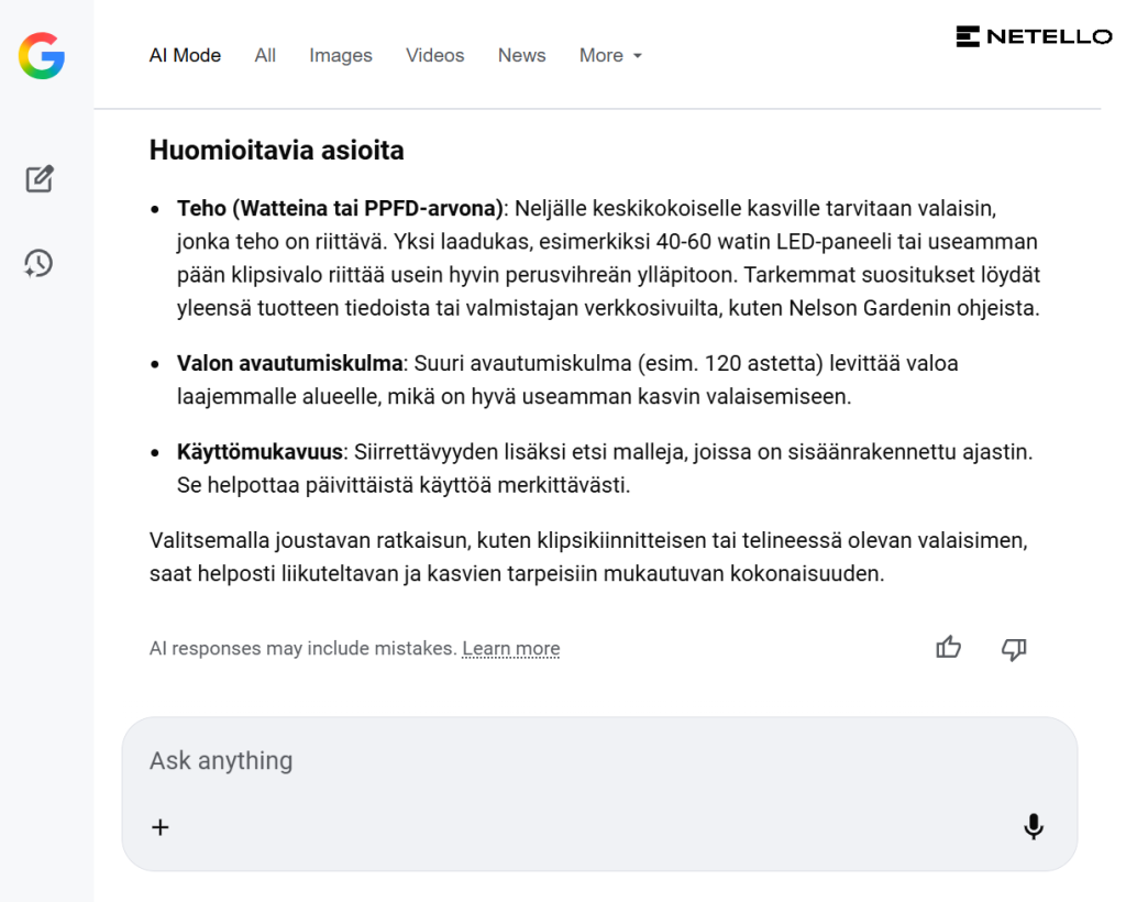 Kuva Google AI Moden vastauksesta
