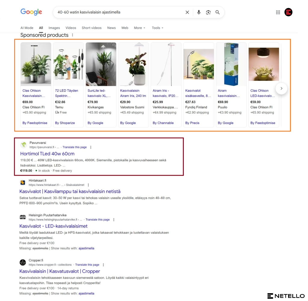 Näyttökuva Googlen hakutuloksista