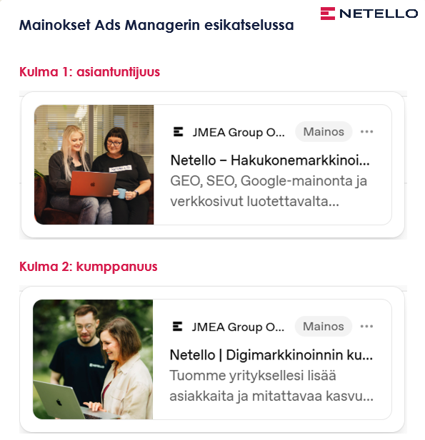 Kaksi Netellon chatgpt-mainosta esikatselutilassa